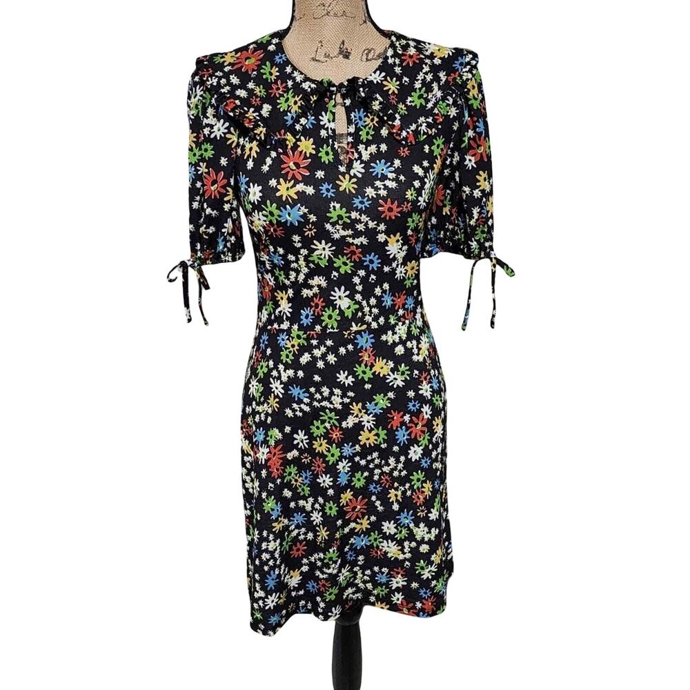 Topshop Floral Mini Dress Black Multi Daisy Peter Pan Collar Puff Sleeve US 4